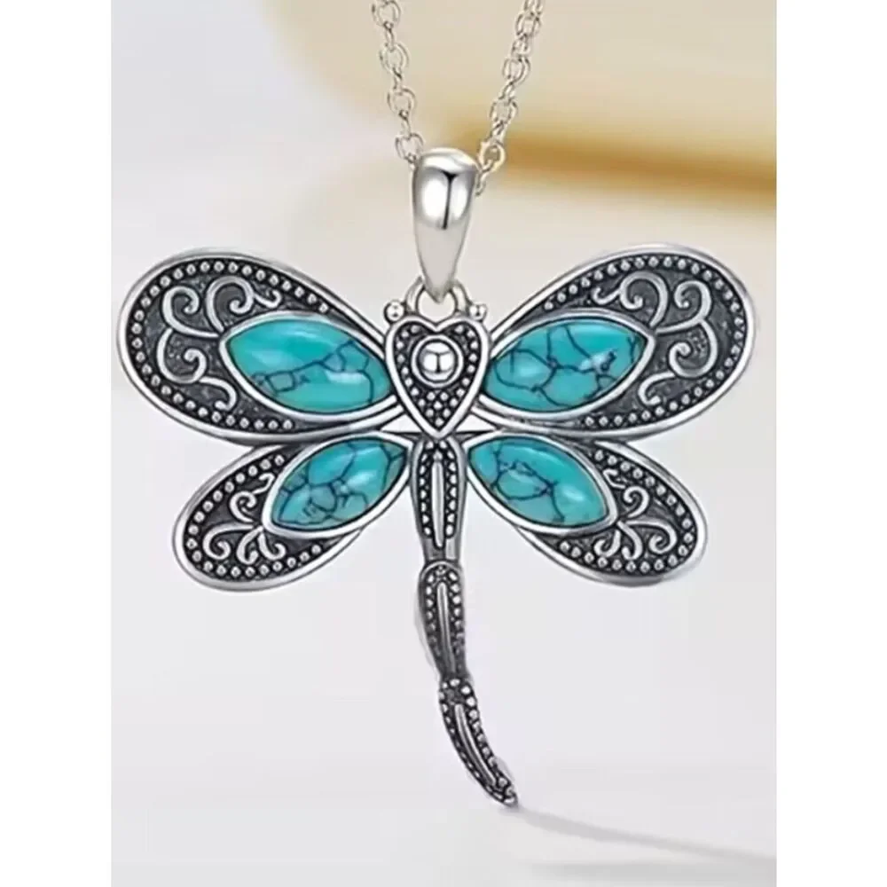 Boho Dragonfly Pendant Inlaid Faux Turquoise Intricate Carved Patterns Necklace